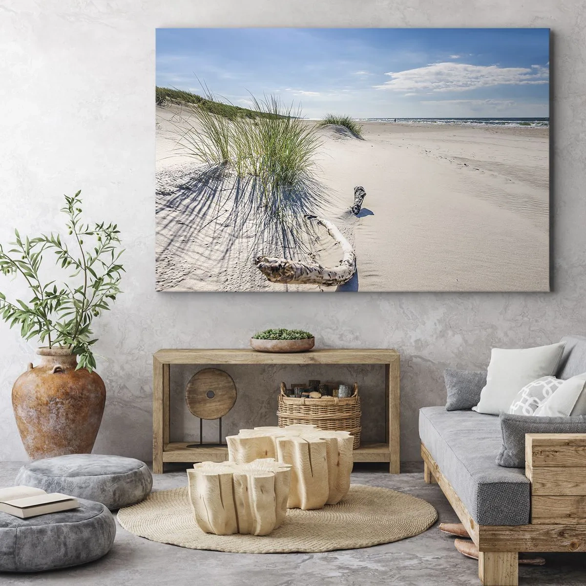 Quadro em tela - Uma praia do Báltico com areia, grama e um céu azul calmo - 70x50cm - A mais bonita? do Báltico - Decoração de parede moderna para a sala de estar e quarto ARTTOR