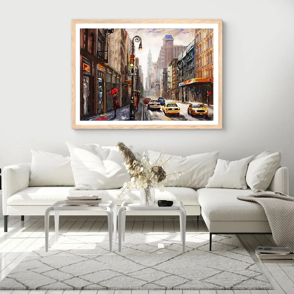 Pôster com moldura de carvalho claro - Nova York – colorida também na chuva - 91x61 cm