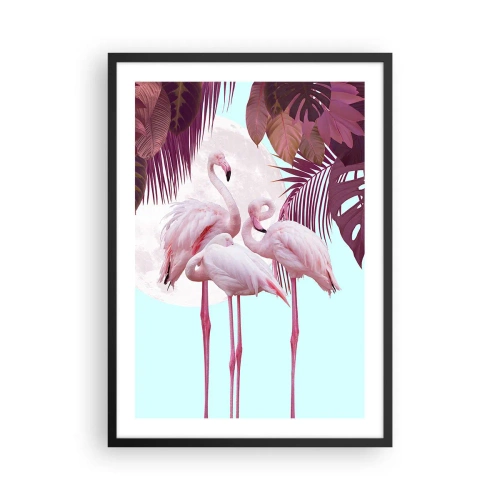 Pôster com moldura preta - Flamingos contra um fundo de folhagem tropical e lua cheia - 50x70cm - Três graças de pássaros - Decoração de parede moderna para a sala de estar e quarto ARTTOR