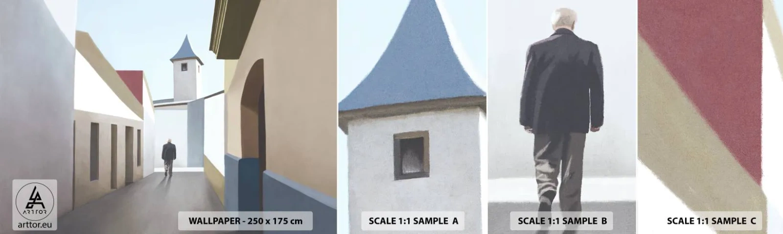 Amostra de Papel de Parede Standard Eco - Um passeio ensolarado - Pastel, Edifícios, Arquitetura - 100x30 cm