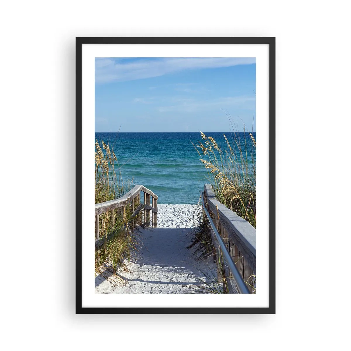 Pôster com moldura preta - Entrada para a praia com vista para o mar - 50x70cm - Ao sol, ao vento - Decoração de parede moderna para a sala de estar e quarto ARTTOR