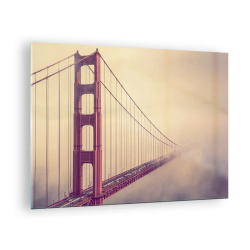 Quadro em vidro - Ponte Golden Gate de São Francisco em uma paisagem enevoada - 70x50cm - Entre o céu e a terra - Decoração de parede moderna para a sala de estar e quarto ARTTOR