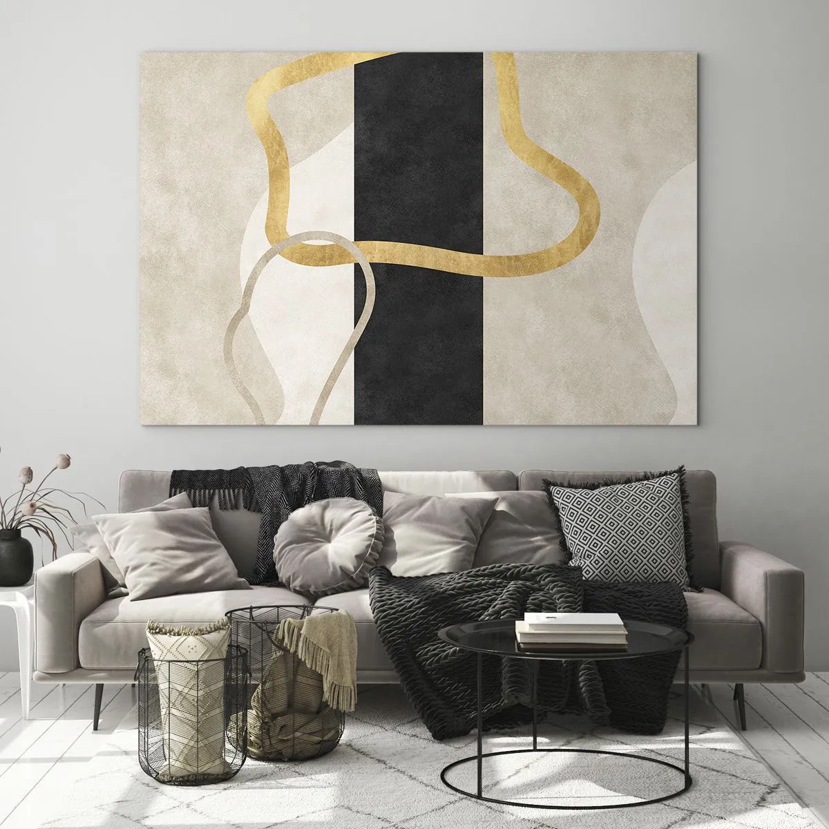Quadro em vidro - Linhas douradas e bege formando formas circulares sobre um fundo de listras pretas. - 70x50cm - Formas em loop - Decoração de parede moderna para a sala de estar e quarto ARTTOR