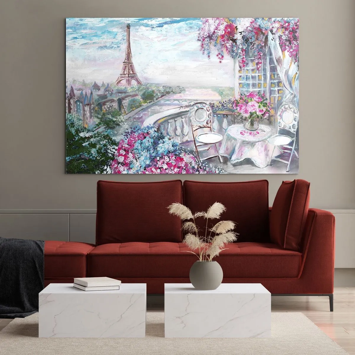 Quadro em vidro - Ilustração de uma vista da Torre Eiffel com uma varanda cheia de flores - 70x50cm - É mais bonito aqui em maio - Decoração de parede moderna para a sala de estar e quarto ARTTOR