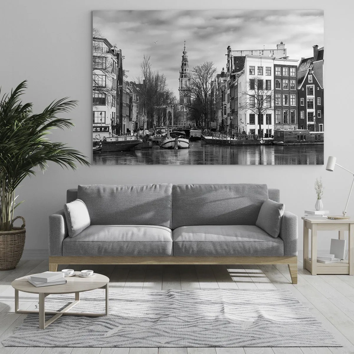 Quadro em vidro - Vista em preto e branco de um canal em Amsterdã - 70x50cm - Vibrações de Amsterdã - Decoração de parede moderna para a sala de estar e quarto ARTTOR