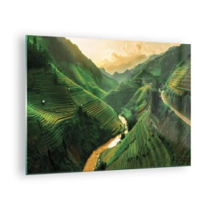 Quadro em vidro - Pitorescos terraços de arroz no vale ao pôr do sol - 70x50cm - Vale vietnamita - Decoração de parede moderna para a sala de estar e quarto ARTTOR