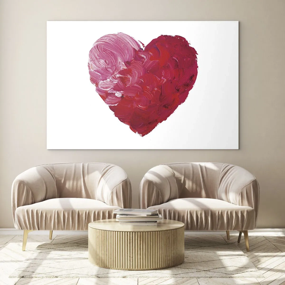 Quadro em vidro - Coração abstrato pintado com traços vermelhos - 70x50cm - All you need is love - Decoração de parede moderna para a sala de estar e quarto ARTTOR