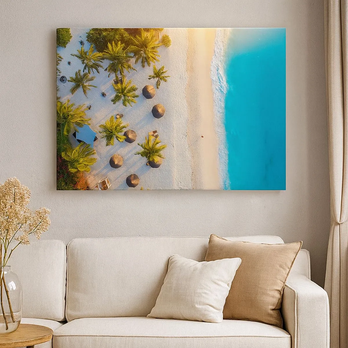 Quadro em tela - Vista de uma praia tropical com palmeiras e um mar azul-turquesa - 70x50cm - Bem vindo ao Paraíso - Decoração de parede moderna para a sala de estar e quarto ARTTOR
