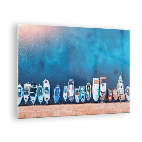 Quadro em vidro - Barcos atracados na costa vistos de uma perspectiva aérea - 70x50cm - Em uma fileira - Decoração de parede moderna para a sala de estar e quarto ARTTOR