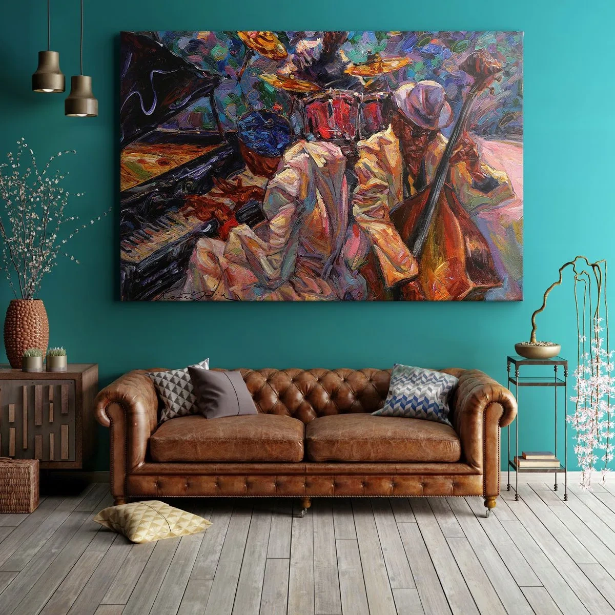Quadro em tela - Cena de jazz energética com músicos e instrumentos - 70x50cm - Num só ritmo - Decoração de parede moderna para a sala de estar e quarto ARTTOR