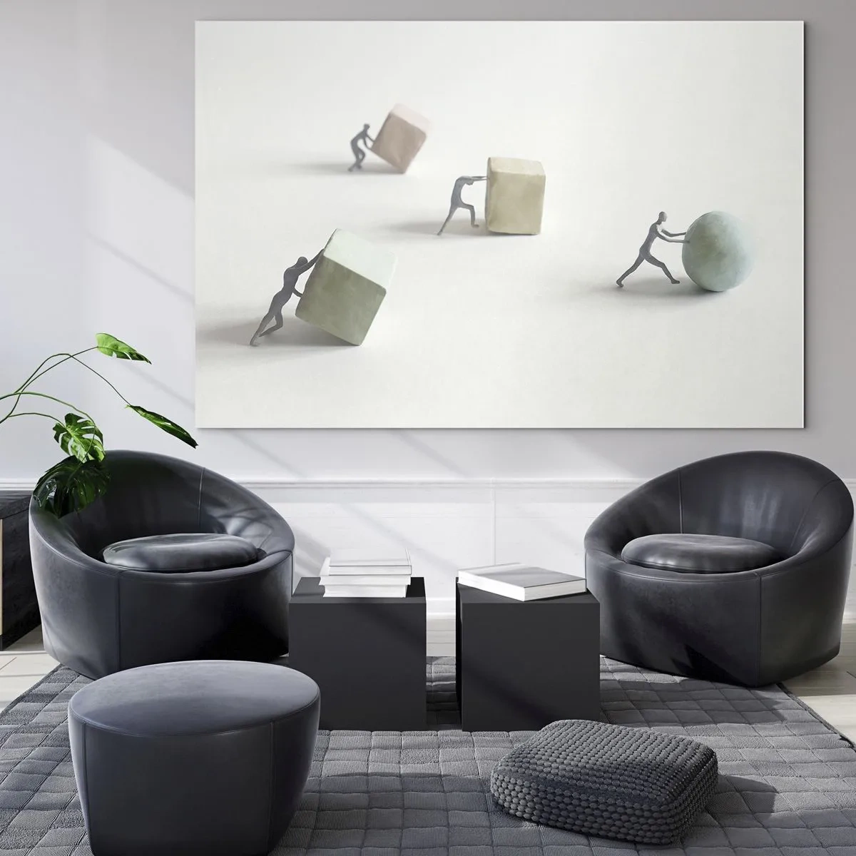 Quadro em vidro - Figuras em miniatura rolam e empurram formas geométricas. - 70x50cm - É a vida - Decoração de parede moderna para a sala de estar e quarto ARTTOR
