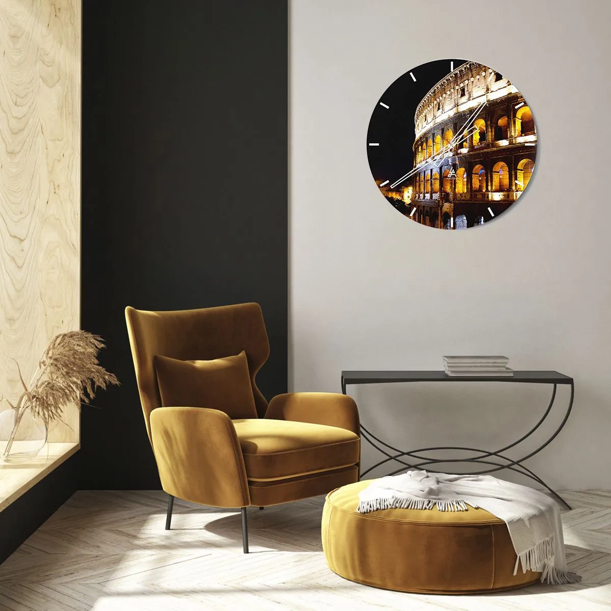 Relógio de parede - Relógio em vidro - O Coliseu iluminado à noite contra um fundo preto - 30x30cm - É hora das Olimpíadas - Decoração de parede moderna para a sala de estar, cozinha e quarto ARTTOR