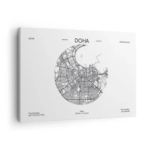 Quadro em tela - Um mapa minimalista de Doha em preto e branco com detalhes precisos. - 70x50cm - Anatomia de Doha - Decoração de parede moderna para a sala de estar e quarto ARTTOR