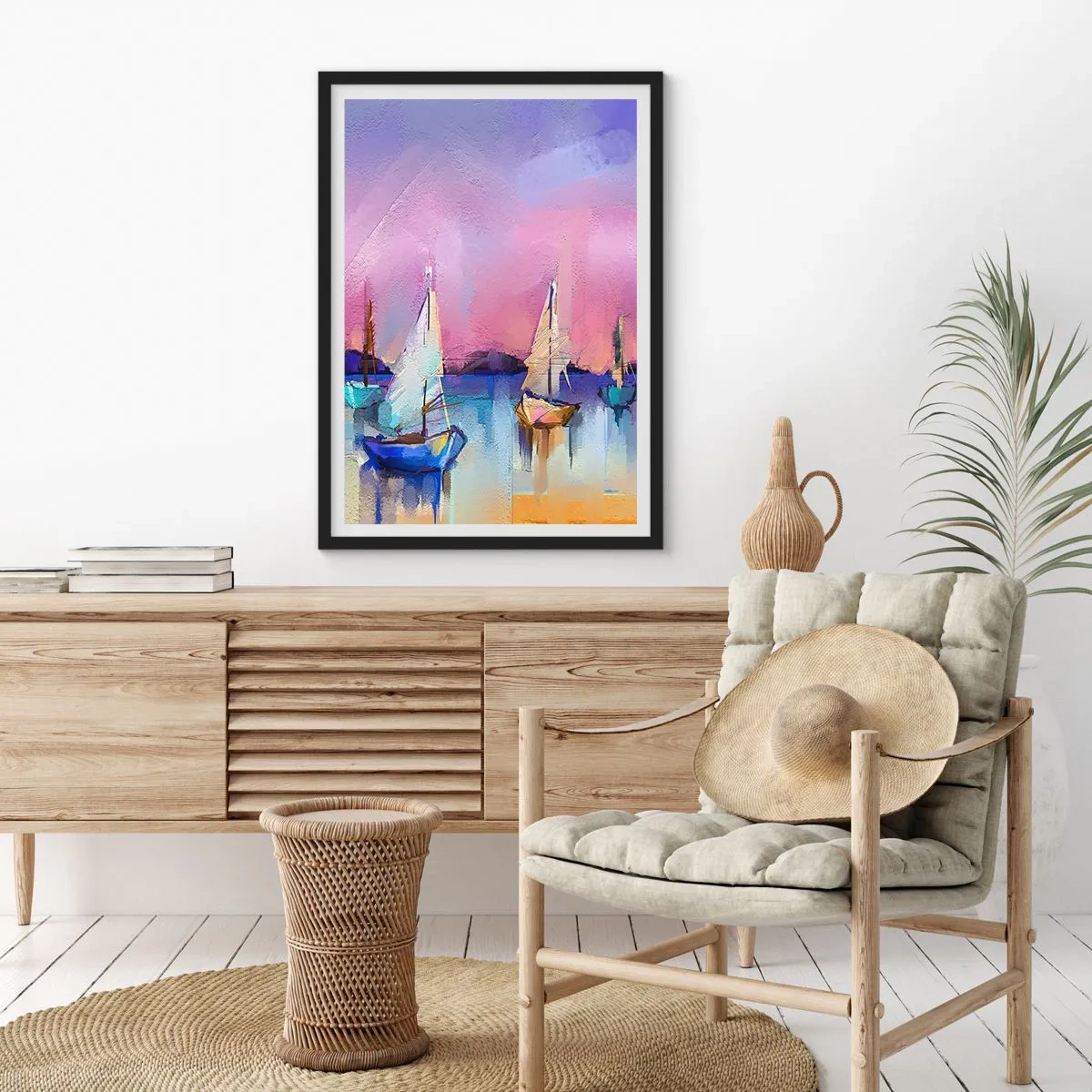 Pôster com moldura preta - Veleiros abstratos em um fundo colorido - 50x70cm - Direção: águas largas - Decoração de parede moderna para a sala de estar e quarto ARTTOR