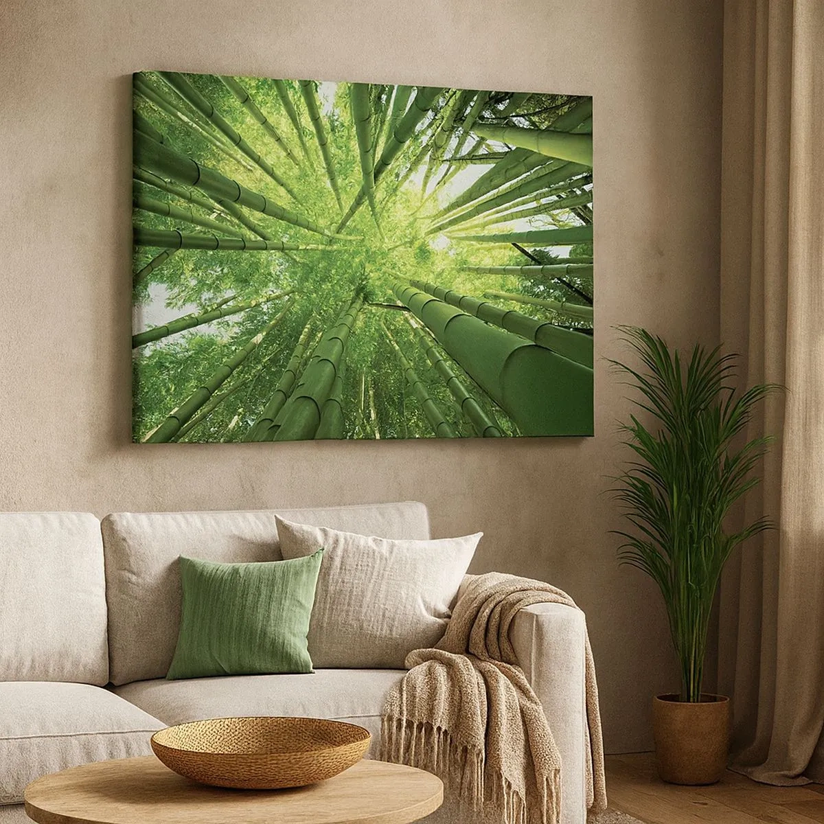 Quadro em tela - Vista através de um bosque de bambu verde - 70x50cm - Em um bosque de bambu - Decoração de parede moderna para a sala de estar e quarto ARTTOR