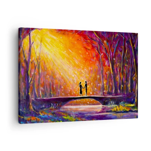 Quadro em tela - Casal romântico em uma ponte na floresta de outono - 70x50cm - O céu também os ama - Decoração de parede moderna para a sala de estar e quarto ARTTOR