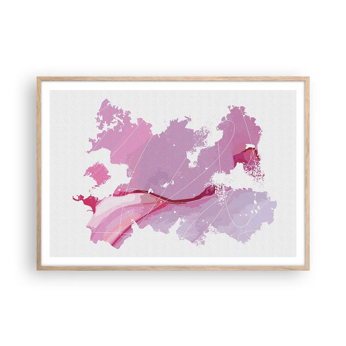 Pôster com moldura de carvalho claro - Mapa do mundo rosa - 100x70 cm