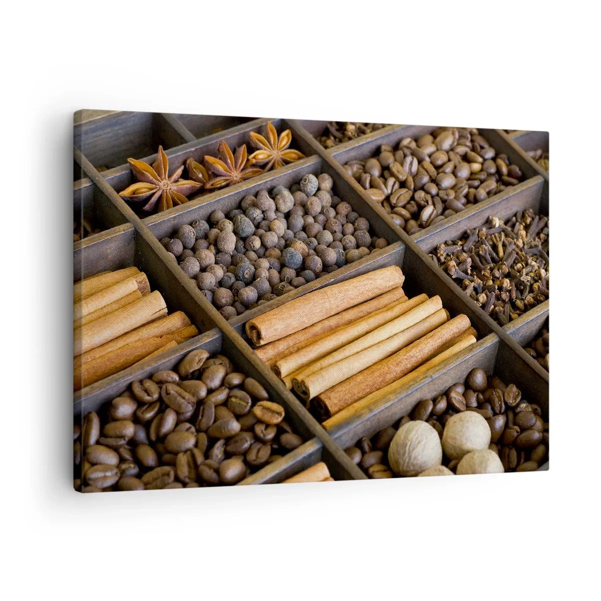 Quadro em tela - Especiarias e café em compartimentos de madeira - 70x50cm - Um tesouro de aromas - Decoração de parede moderna para a sala de estar e quarto ARTTOR