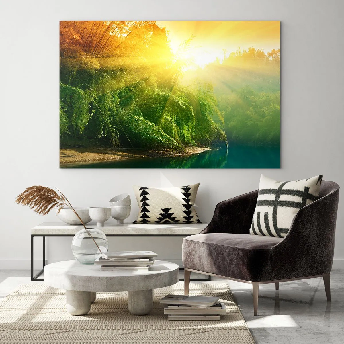 Quadro em vidro - Raios de sol sobre a vegetação verdejante à beira do rio - 70x50cm - Afogar-se ao sol e à sombra - Decoração de parede moderna para a sala de estar e quarto ARTTOR