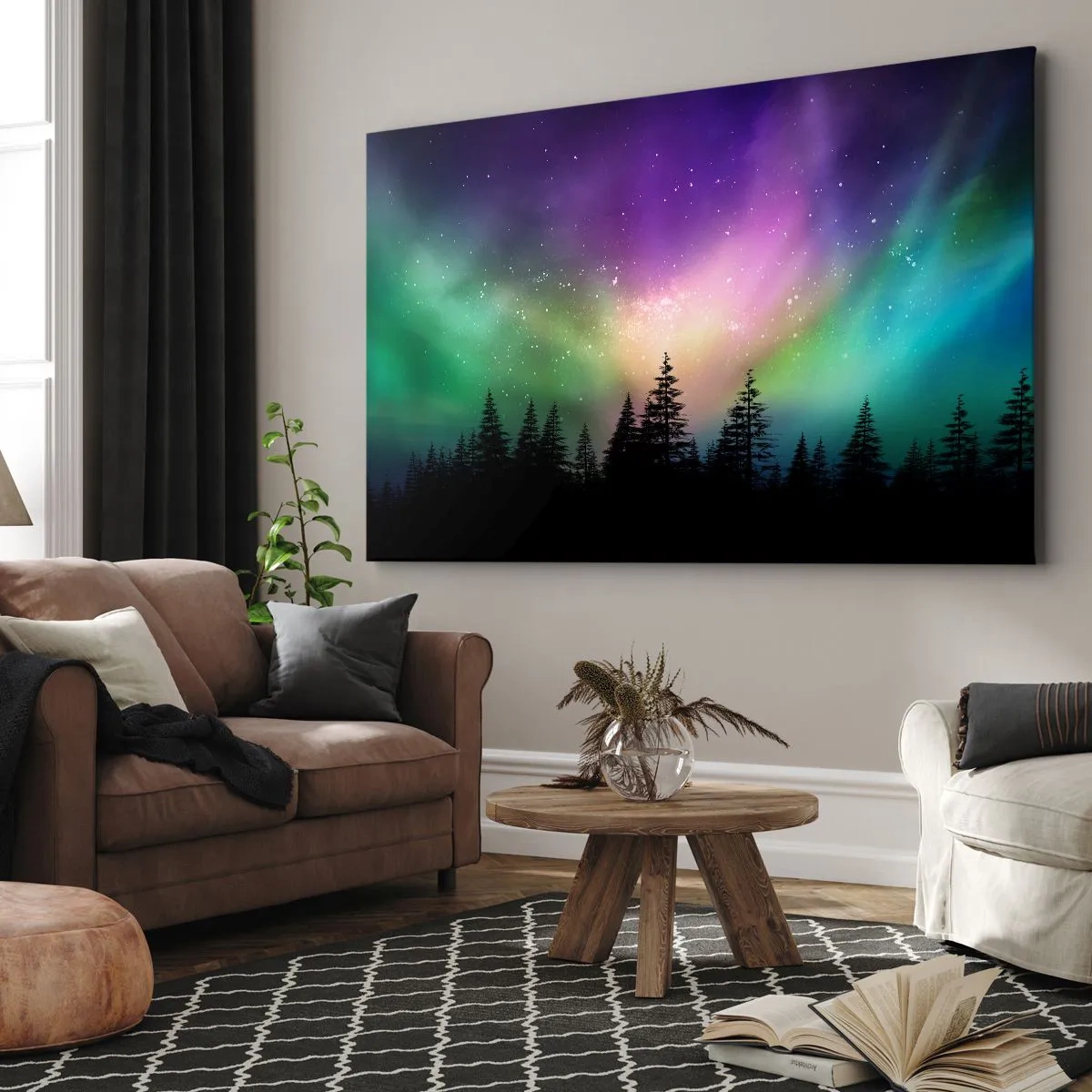 Quadro em tela - Aurora Boreal sobre uma floresta com céu estrelado - 70x50cm - Magia branca - Decoração de parede moderna para a sala de estar e quarto ARTTOR
