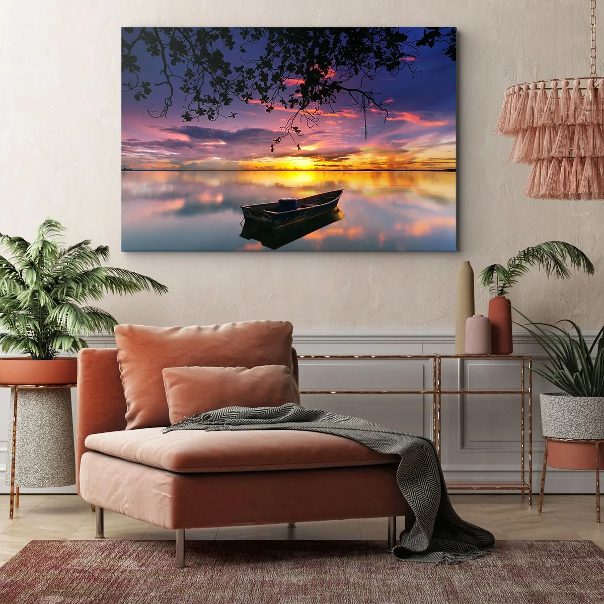 Quadro em tela - Um barco em águas calmas ao pôr do sol - 70x50cm - Parece que estás pendurado no meio do céu… - Decoração de parede moderna para a sala de estar e quarto ARTTOR