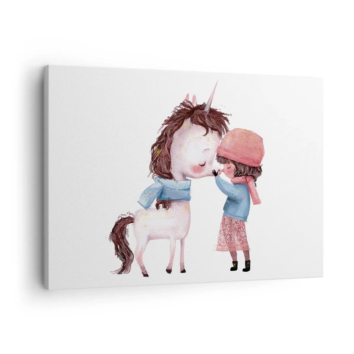 Quadro em tela - Uma menina e um unicórnio em um cenário de inverno - 70x50cm - Conto do inverno - Decoração de parede moderna para a sala de estar e quarto ARTTOR