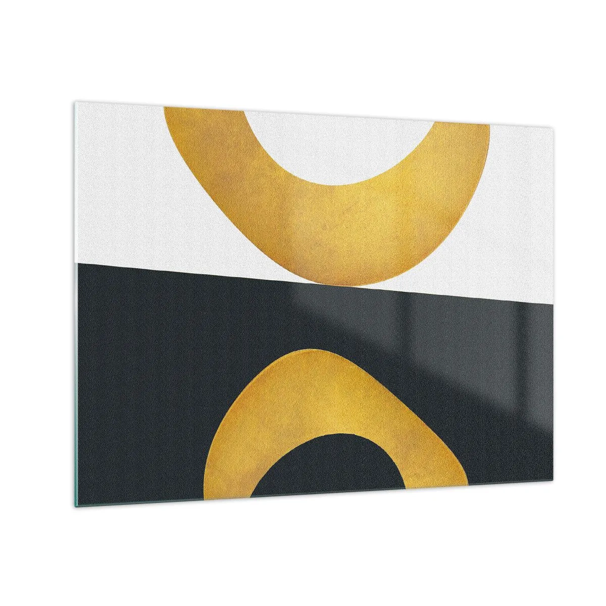 Quadro em vidro - Formas geométricas douradas sobre fundo branco e preto - 70x50cm - Primeiro: ouro - Decoração de parede moderna para a sala de estar e quarto ARTTOR