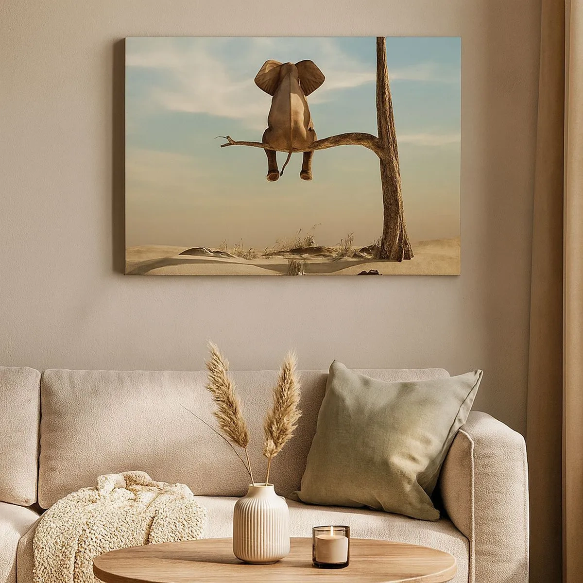 Quadro em tela - Um elefante sentado em um galho com vista para uma paisagem desértica - 70x50cm - Um novo ponto de vista - Decoração de parede moderna para a sala de estar e quarto ARTTOR