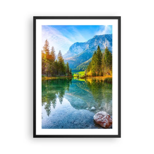 Pôster com moldura preta - Um lago nas montanhas cercado por árvores e o reflexo das montanhas na água - 50x70cm - A suavidade do outono - Decoração de parede moderna para a sala de estar e quarto ARTTOR