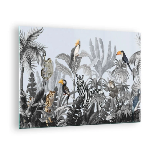 Quadro em vidro - Animais exóticos em uma selva preta e branca em um fundo claro - 70x50cm - Conto de fadas africano - Decoração de parede moderna para a sala de estar e quarto ARTTOR