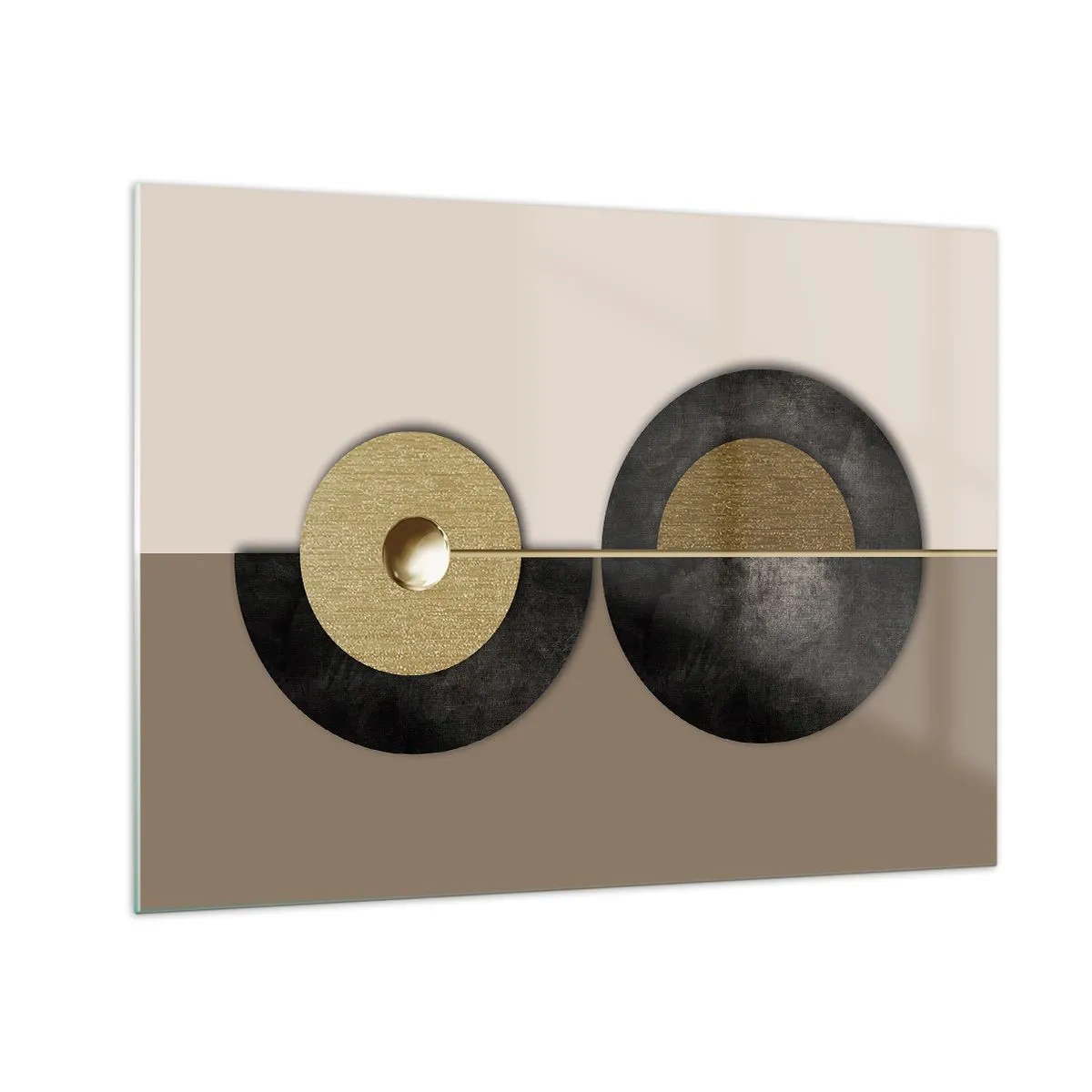 Quadro em vidro - Círculos geométricos em dourado e preto sobre fundo bege - 70x50cm - Variações ao redor do círculo - Decoração de parede moderna para a sala de estar e quarto ARTTOR