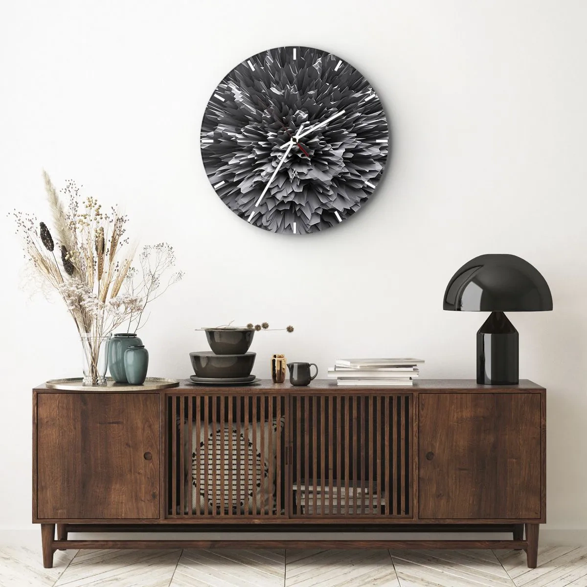 Relógio de parede - Relógio em vidro - Composição 3D abstrata em preto e branco em forma de explosão - 30x30cm - Não pode ficar mais difícil do que isso - Decoração de parede moderna para a sala de estar, cozinha e quarto ARTTOR
