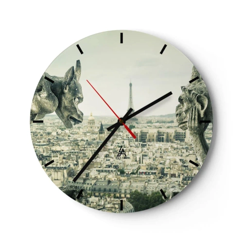 Relógio de parede - Relógio em vidro - Gárgulas de pedra sobre Paris com vista para a Torre Eiffel - 30x30cm - Conversas parisienses - Decoração de parede moderna para a sala de estar, cozinha e quarto ARTTOR