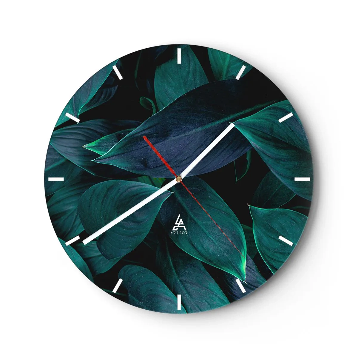 Relógio de parede - Relógio em vidro - Folhas tropicais verde-escuras sobre fundo preto - 30x30cm - Verde em si - Decoração de parede moderna para a sala de estar, cozinha e quarto ARTTOR