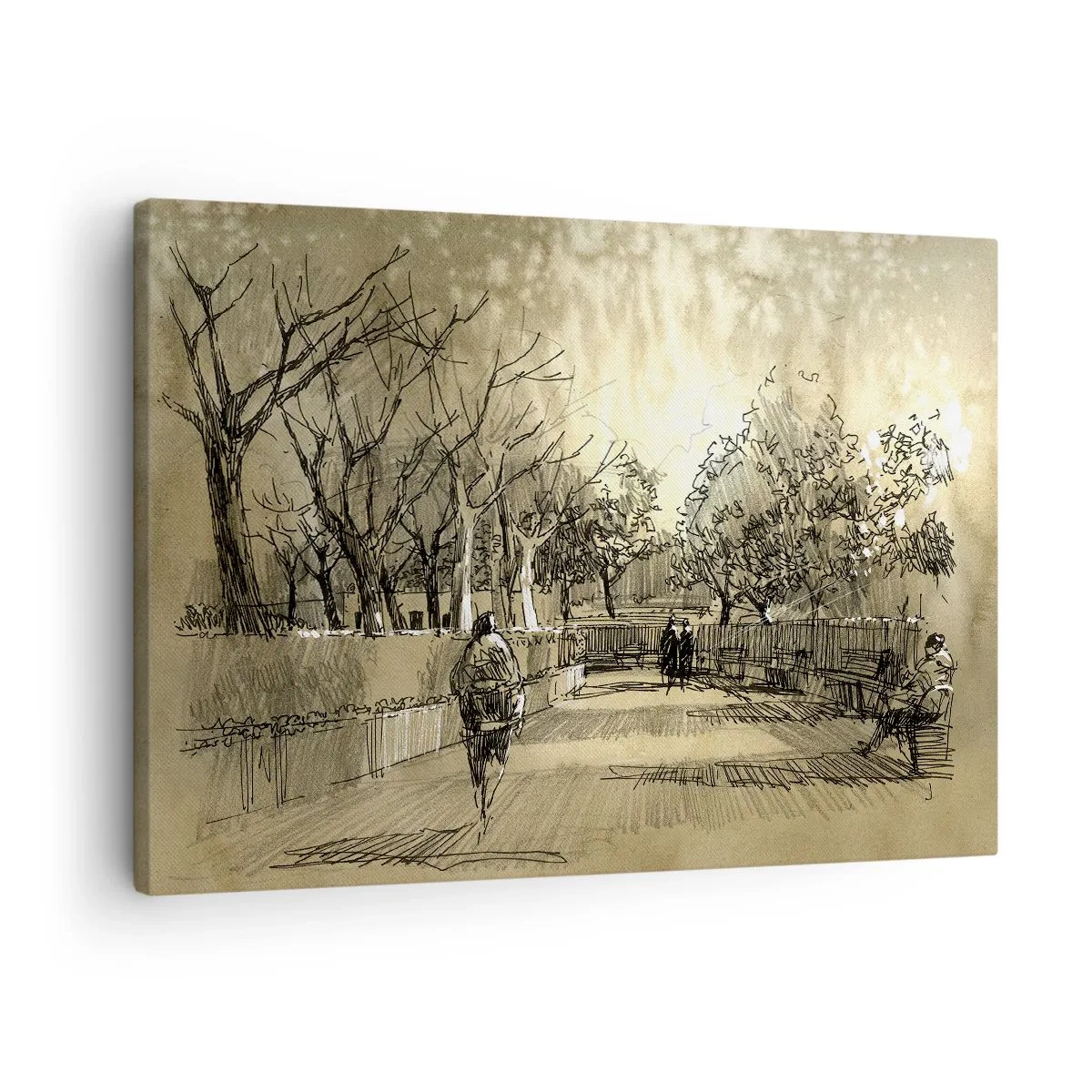Quadro em tela - Uma cena de desenho animado de um parque com pessoas caminhando em tons quentes. - 70x50cm - Um momento capturado por uma pena - Decoração de parede moderna para a sala de estar e quarto ARTTOR
