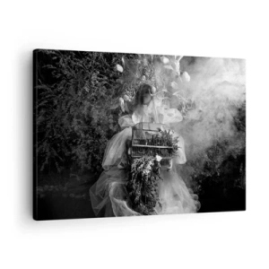 Quadro em tela - Uma composição em preto e branco com uma figura de vestido e uma gaiola na neblina. - 70x50cm - A própria mãe – natureza - Decoração de parede moderna para a sala de estar e quarto ARTTOR