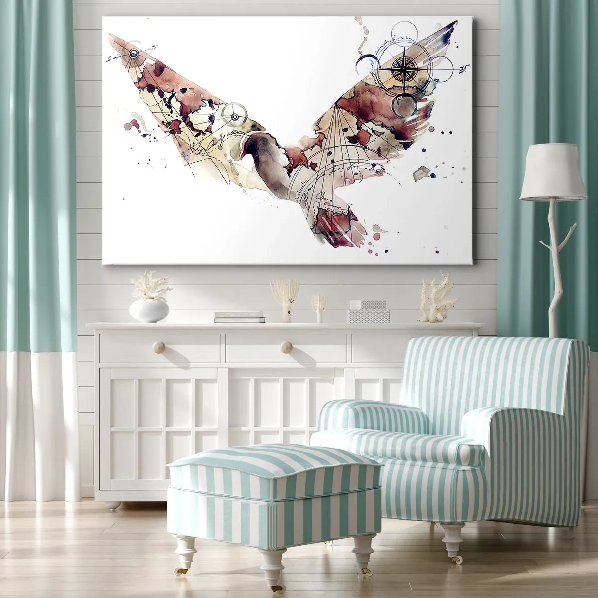 Quadro em tela - Silhueta artística de pássaro com padrões geométricos - 70x50cm - Andarilho voador - Decoração de parede moderna para a sala de estar e quarto ARTTOR
