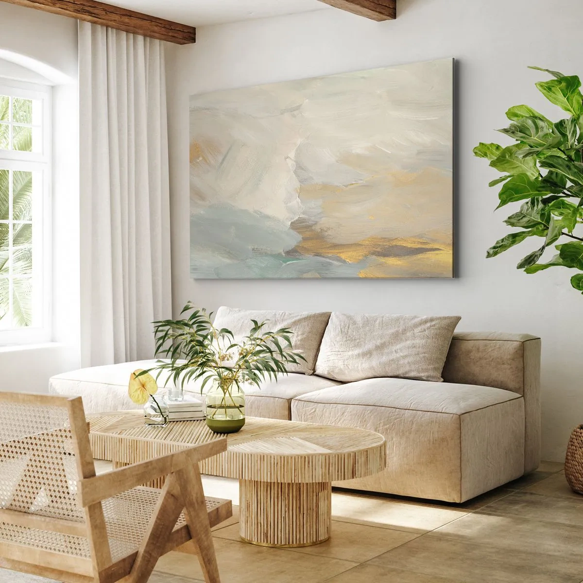 Quadro em tela - Delicados traços abstratos em tons de branco e dourado - 70x50cm - Abstração – a terra da gentileza - Decoração de parede moderna para a sala de estar e quarto ARTTOR