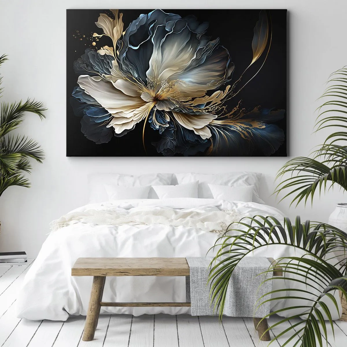 Quadro em tela - Uma flor em tons de dourado e azul marinho sobre fundo preto - 70x50cm - Flor de samambaia de conto de fadas - Decoração de parede moderna para a sala de estar e quarto ARTTOR