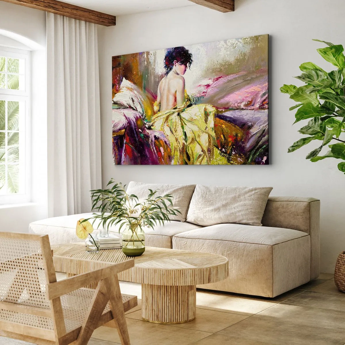 Quadro em tela - Uma cena pictórica de uma mulher em uma cama em uma atmosfera romântica - 70x50cm - Entre a boca e a borda do copo - Decoração de parede moderna para a sala de estar e quarto ARTTOR