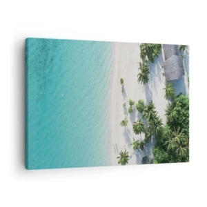 Quadro em tela - Uma vista aérea de uma praia tropical com águas azul-turquesa e palmeiras - 70x50cm - Férias no paraíso - Decoração de parede moderna para a sala de estar e quarto ARTTOR
