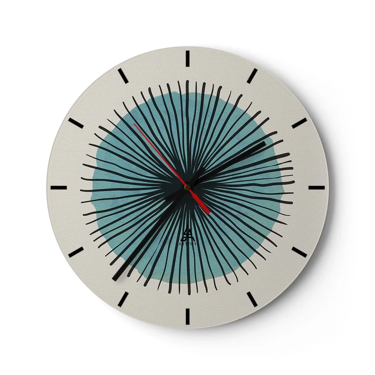 Relógio de parede - Relógio em vidro - Motivo abstrato com um círculo azul e linhas pretas - 30x30cm - Radiante sobre o azul - Decoração de parede moderna para a sala de estar, cozinha e quarto ARTTOR