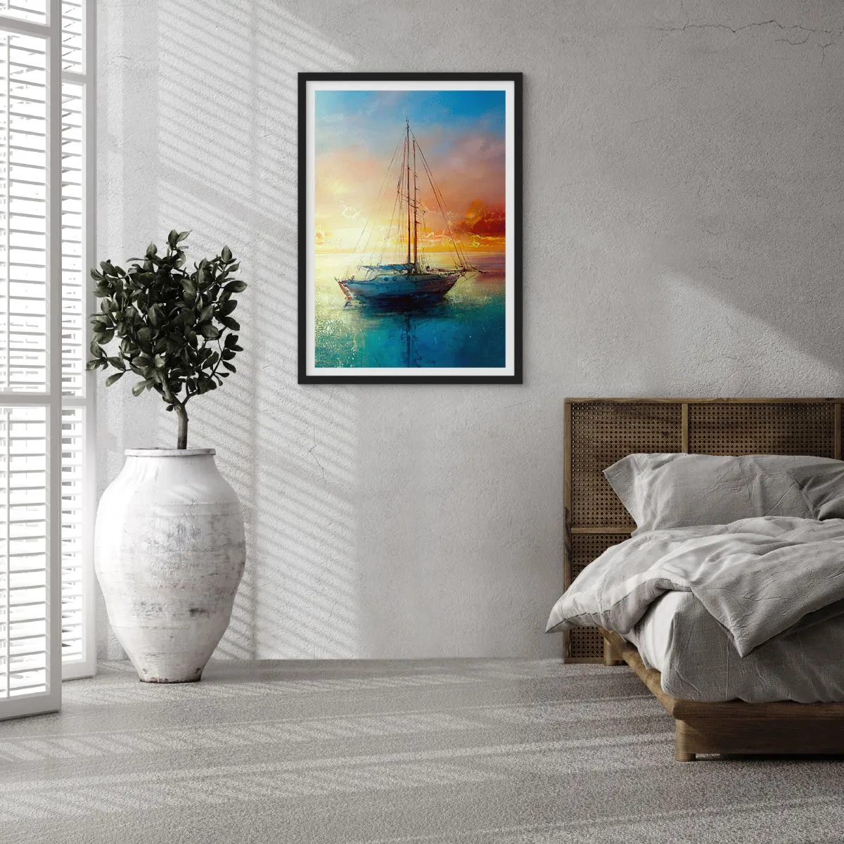 Pôster com moldura preta - Um iate em um mar calmo ao pôr do sol - 50x70cm - Na baía dourada - Decoração de parede moderna para a sala de estar e quarto ARTTOR