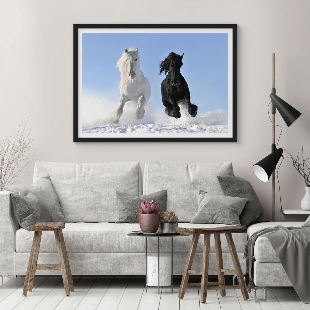 Pôster com moldura preta - Galope preto e branco - 70x50 cm