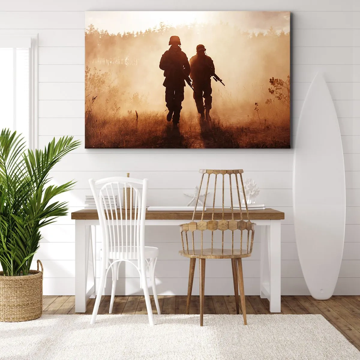 Quadro em tela - Soldados marchando na neblina da manhã com a natureza ao fundo - 70x50cm - Call of Duty - Decoração de parede moderna para a sala de estar e quarto ARTTOR