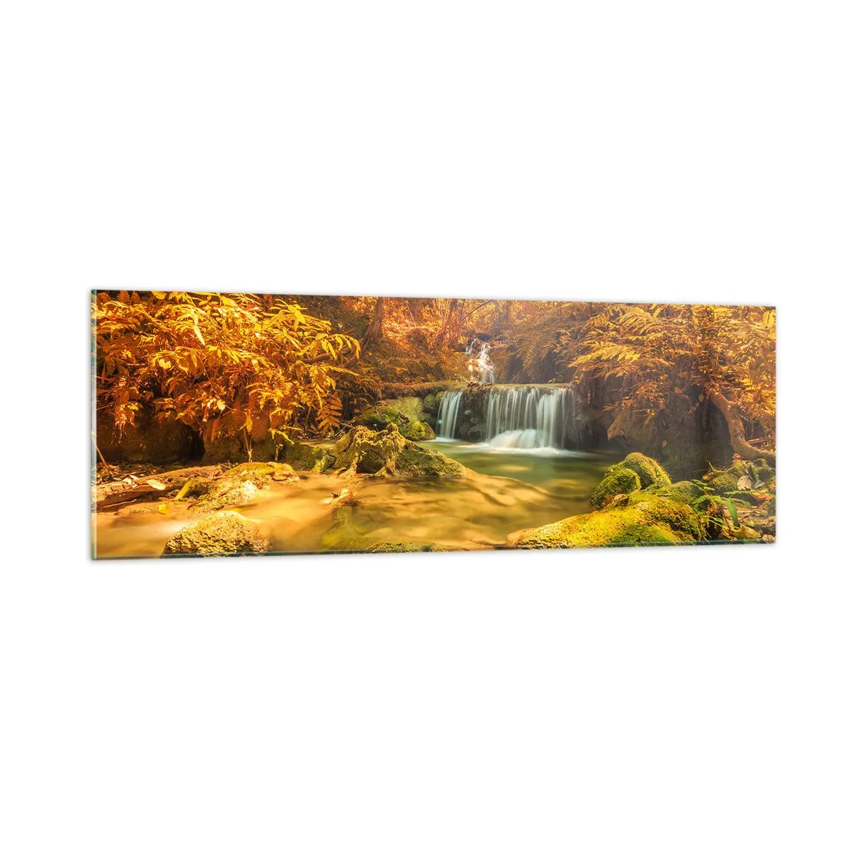 Quadro em vidro - Cascata na floresta em ouro - 90x30 cm