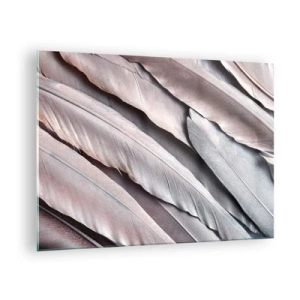 Quadro em vidro - Close-up de penas pastéis em tons de rosa e prata - 70x50cm - Em prateado rosa - Decoração de parede moderna para a sala de estar e quarto ARTTOR