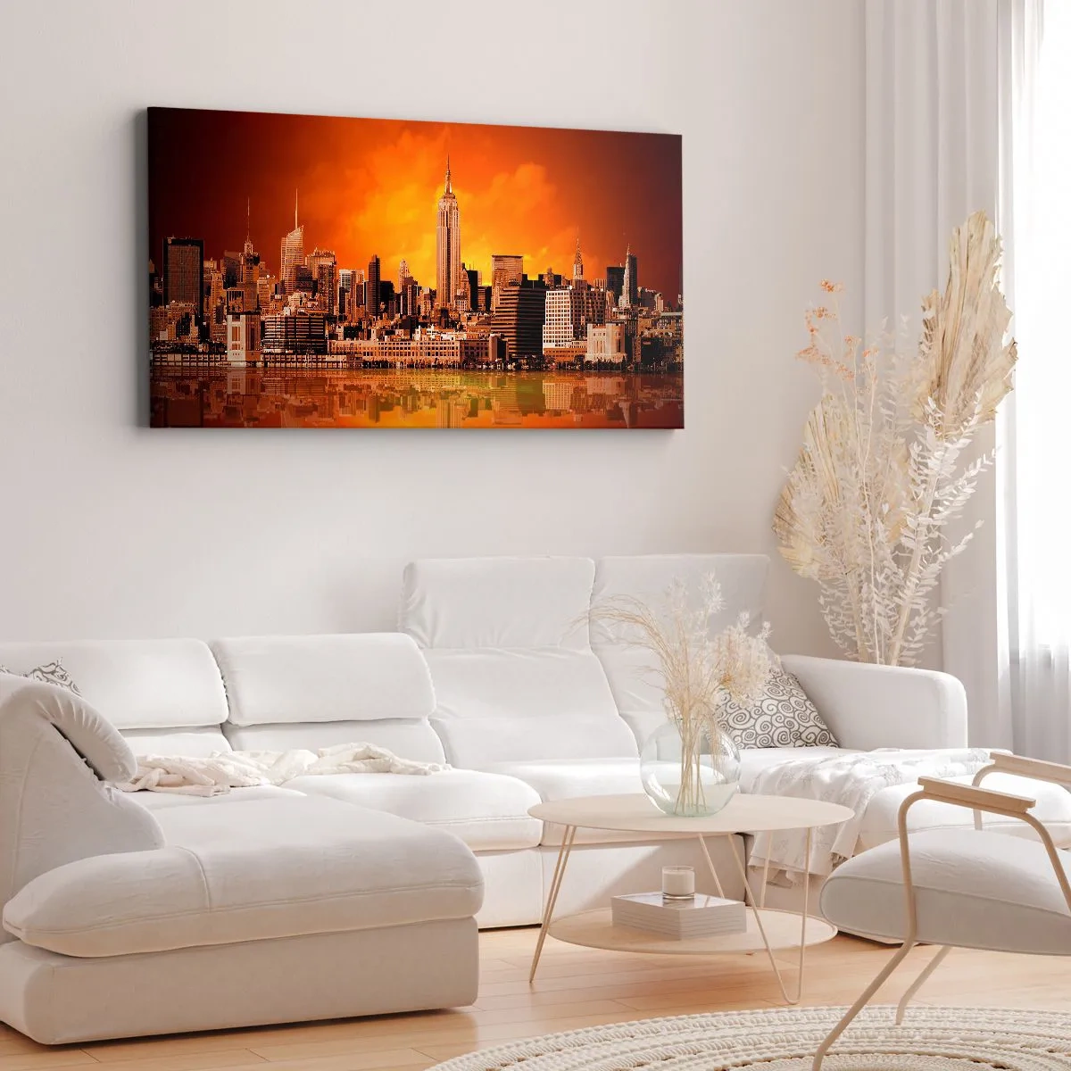 Quadro em tela - Panorama metropolitano em amarelo e bronze - 160x50 cm