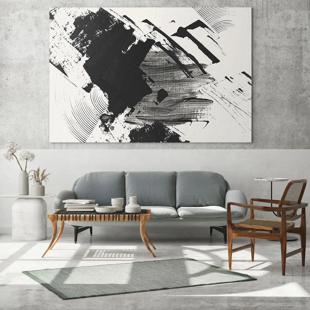 Quadro em vidro - Abstração expressiva em preto e branco com traços dinâmicos. - 70x50cm - Abstração – expressão do preto - Decoração de parede moderna para a sala de estar e quarto ARTTOR