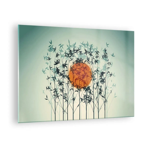 Quadro em vidro - Sol vermelho entre delicadas folhas de bambu - 70x50cm - Sol japonês - Decoração de parede moderna para a sala de estar e quarto ARTTOR